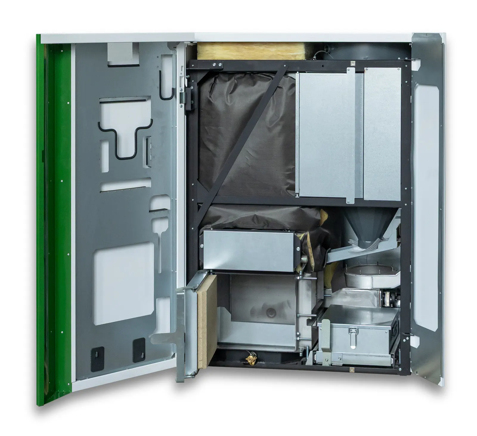 A finished unit with its door open, showing the assembled internals