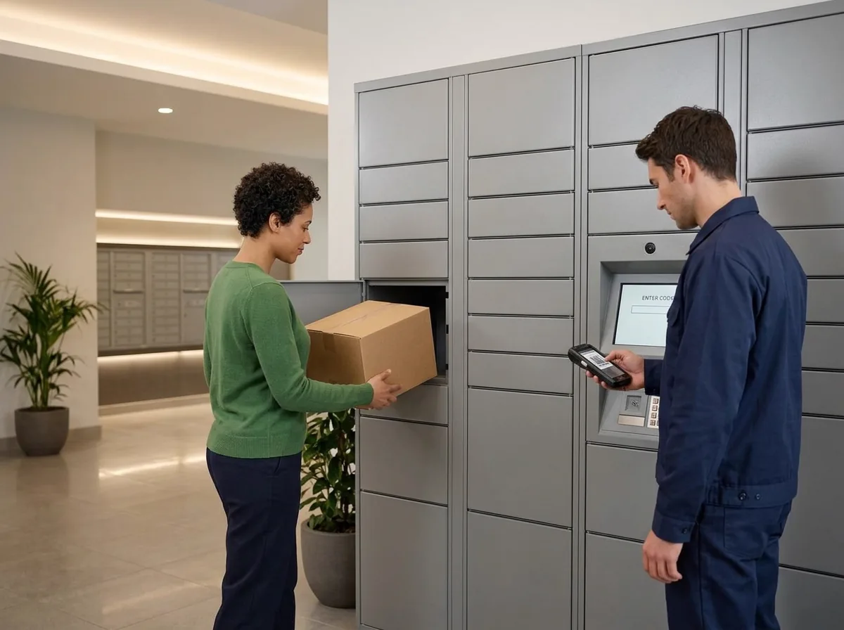 A customer and a courier at a bank of steel parcel lockers in a building lobby