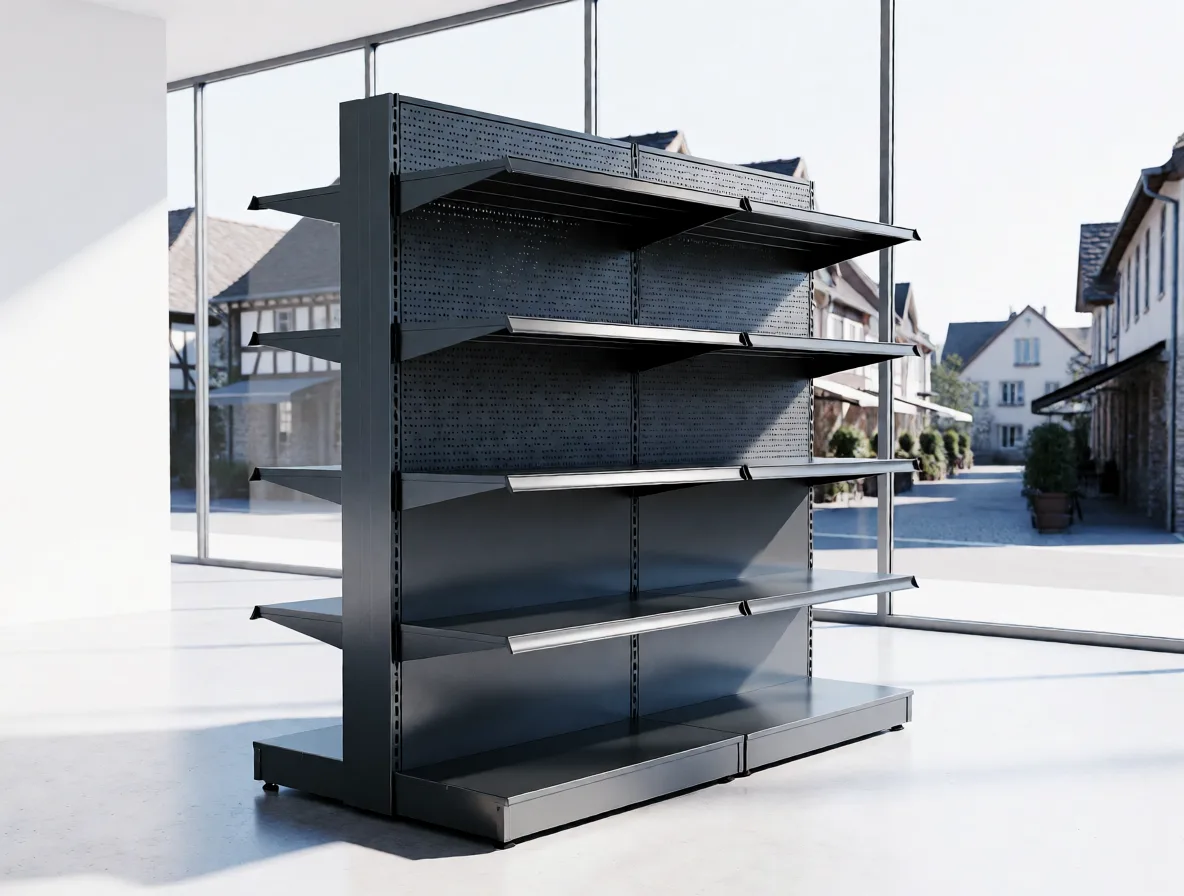 An unbranded double-sided gondola bay, empty of product