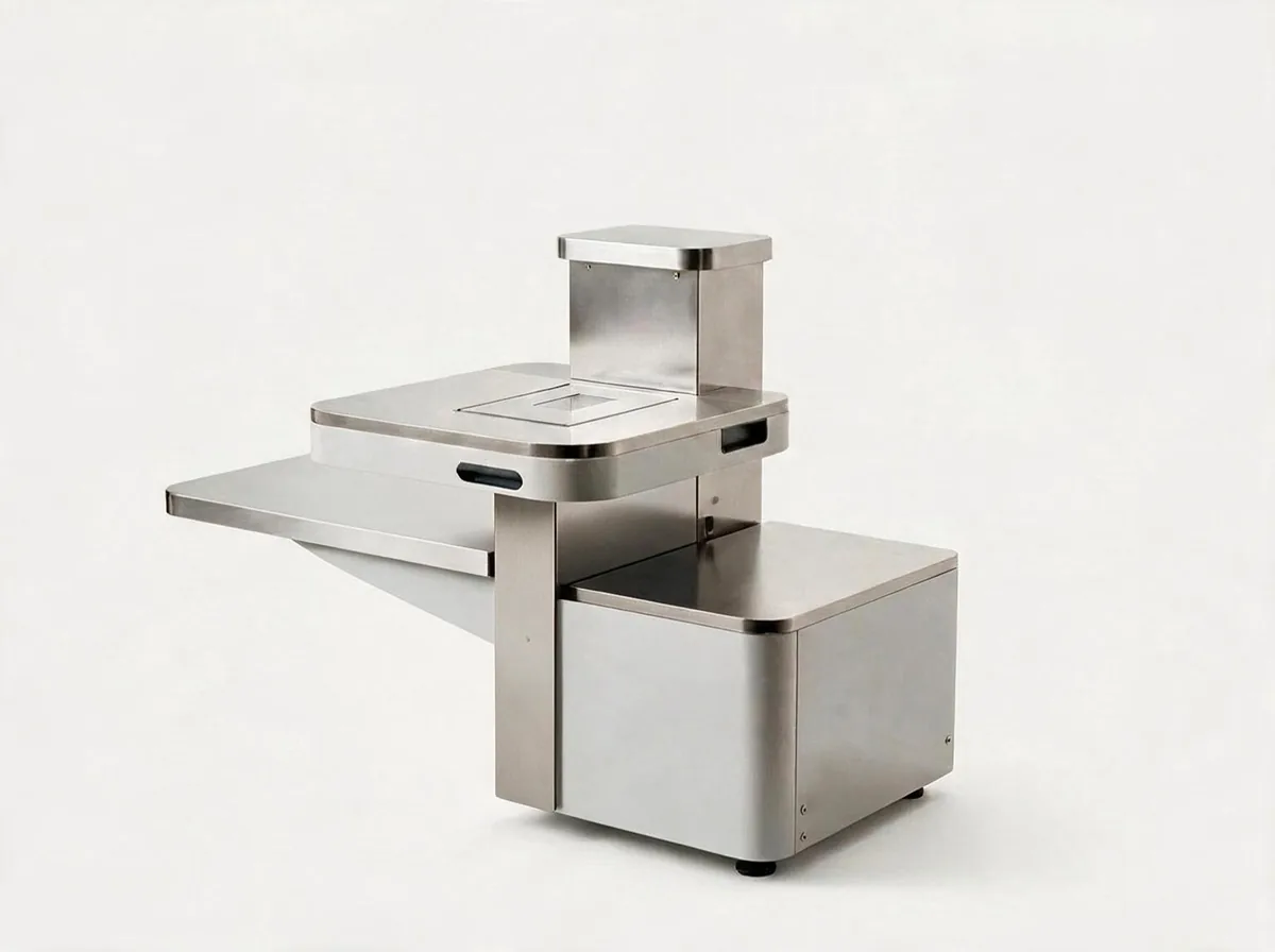A brushed stainless-steel self-checkout counter body