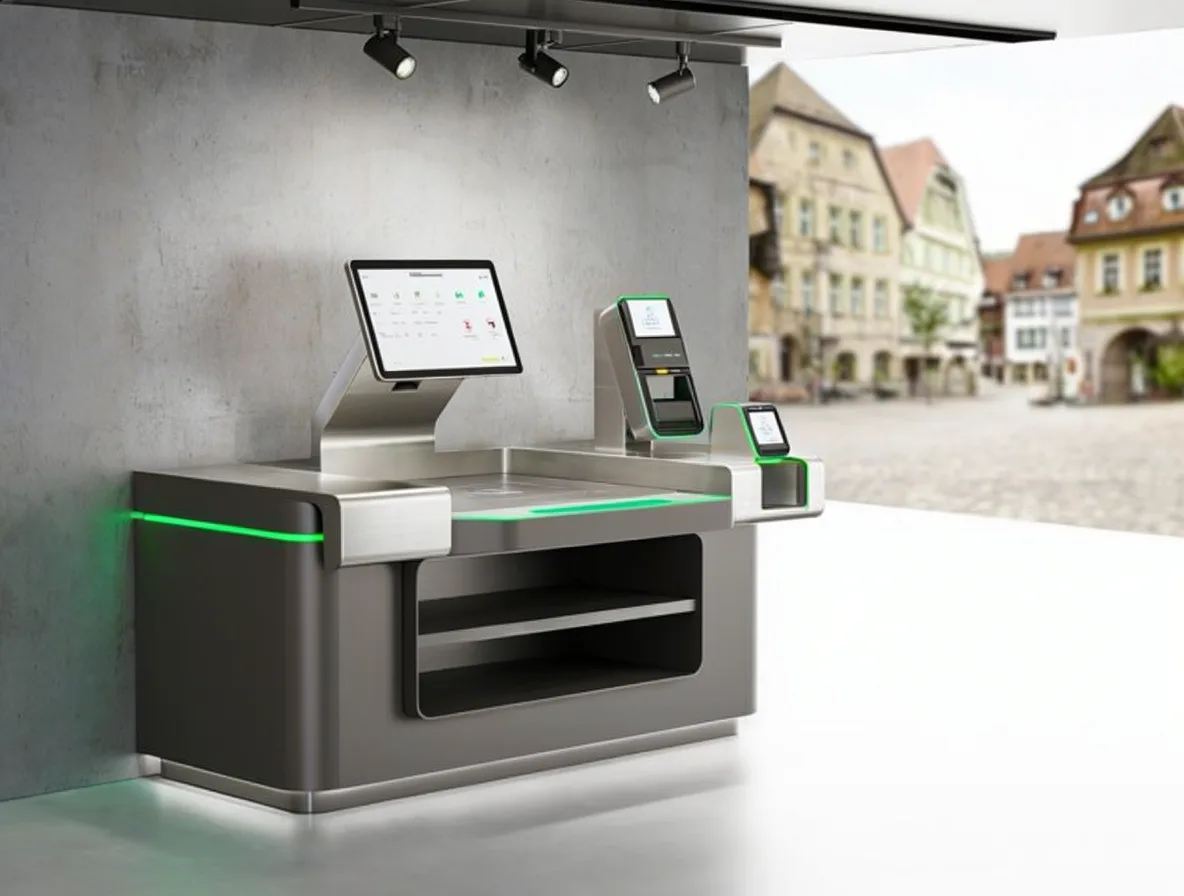 An unbranded self-checkout counter with screen, scanner and bagging area